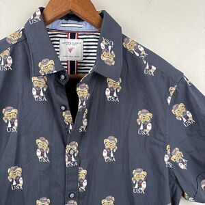 Denim & Flower USA Bear Shirt Mens Medium Blue Flag AOP Ricky Singh Stripes